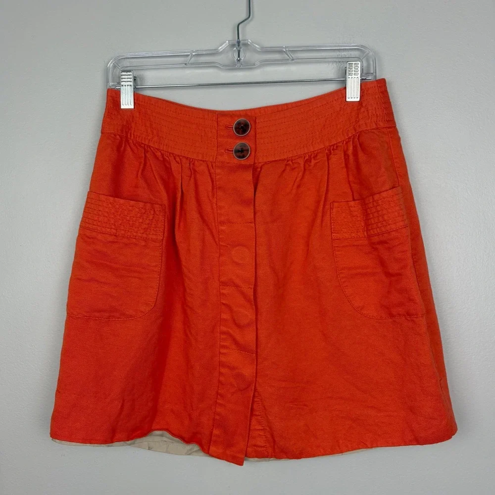 J. Crew Factory Orange Linen Blend‎ Button Front Skirt Casual Preppy Size 6